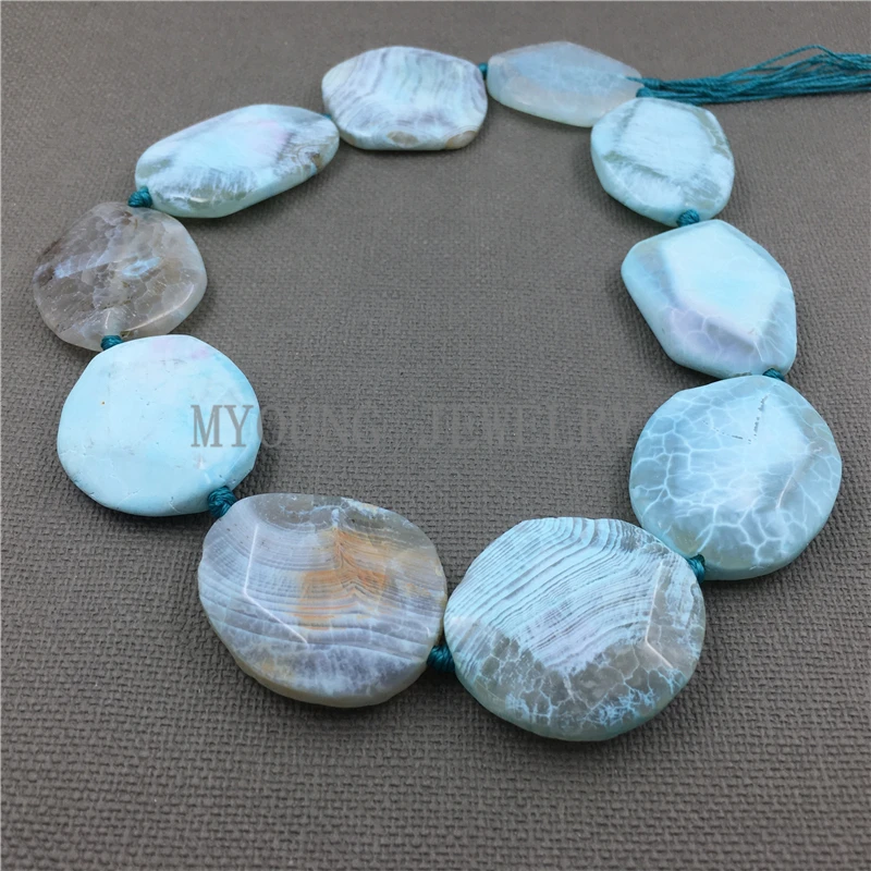 Oval Faceted Crackle Blue Dragon Vein Agates Slab Slice Drilled Stone Pendant Beads For DIY Jewelry MY1129