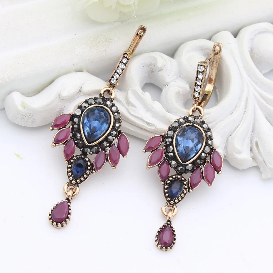 India Bride Water Drop Resin Flower Earrings Hollow Fireworks Long Hook Earring Vintage Jewelry Antique Gold Color Arabia Dance