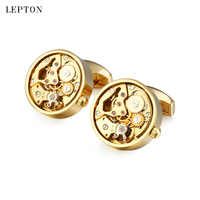 Hot Sale Non-Functional Watch Movement Cufflinks For Mens Lepton Round Gold Color Steampunk Gear Watch Mechanism Cuff links