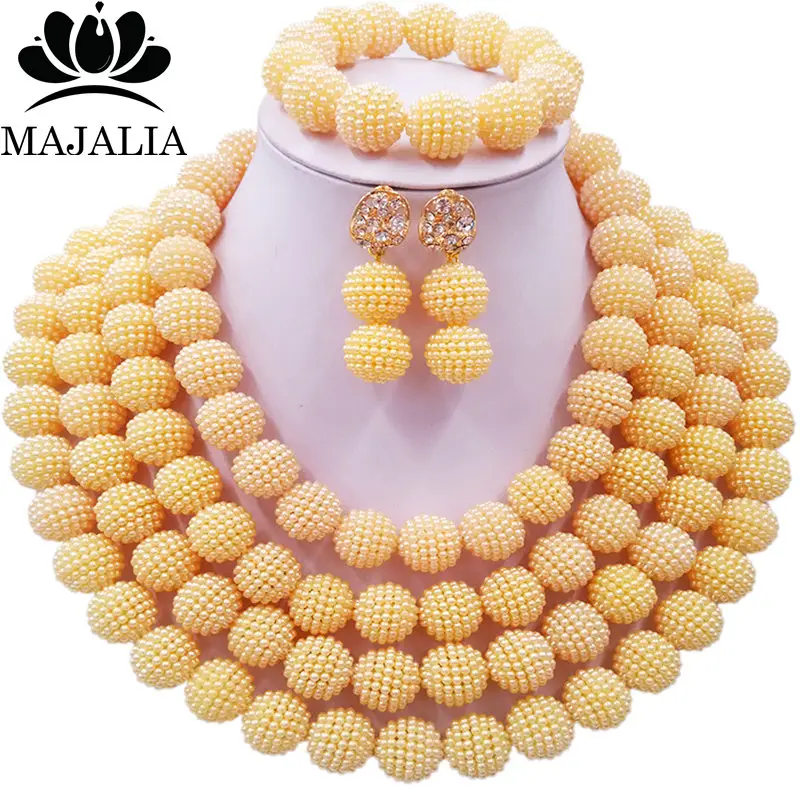 

Majalia Classic charming Nigerian Wedding African Bead Jewelry Set Beige Crystal Necklace Bride Jewelry Sets 4CB009