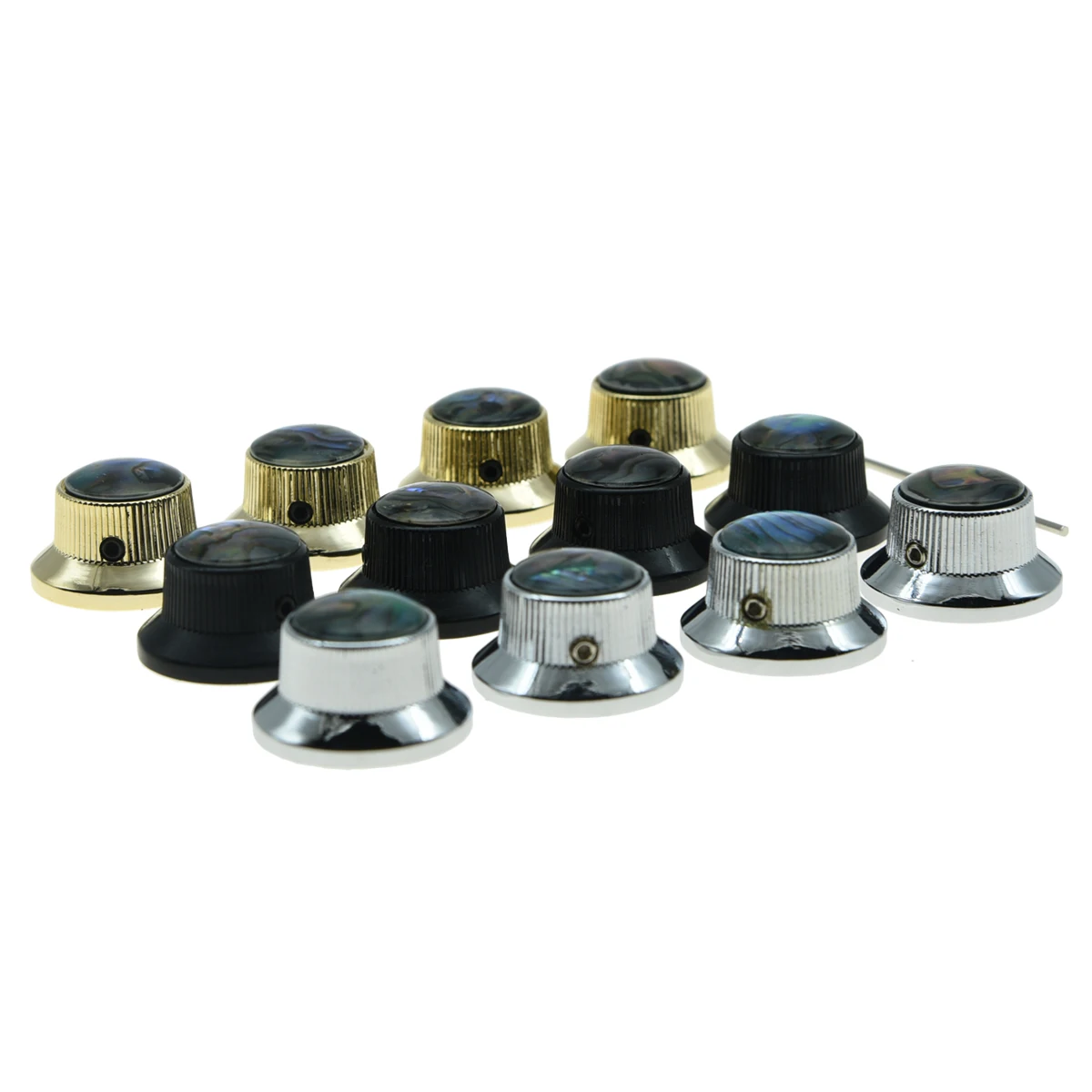 KAISH 4x Set Screw Abalone Top Chrome/Black/Gold Guitar Bass Top Hat Knobs Metal Bell Knobs for Les Paul with 6mm Shaft Pots