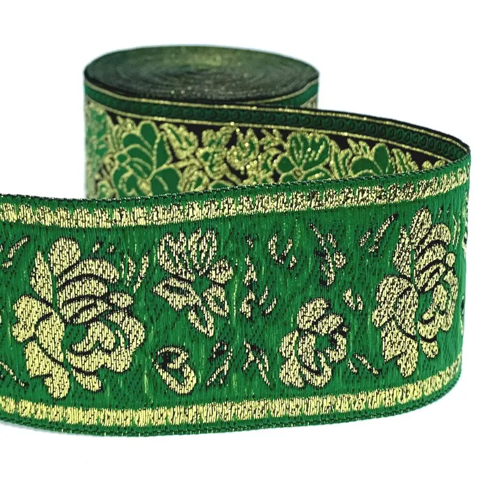 ZERZEEMOOY 2 inch 50MM 9YARD Woven Jacquard Ribbon Gold Wire And Green Rose Handmade Accessories MZZD19060407