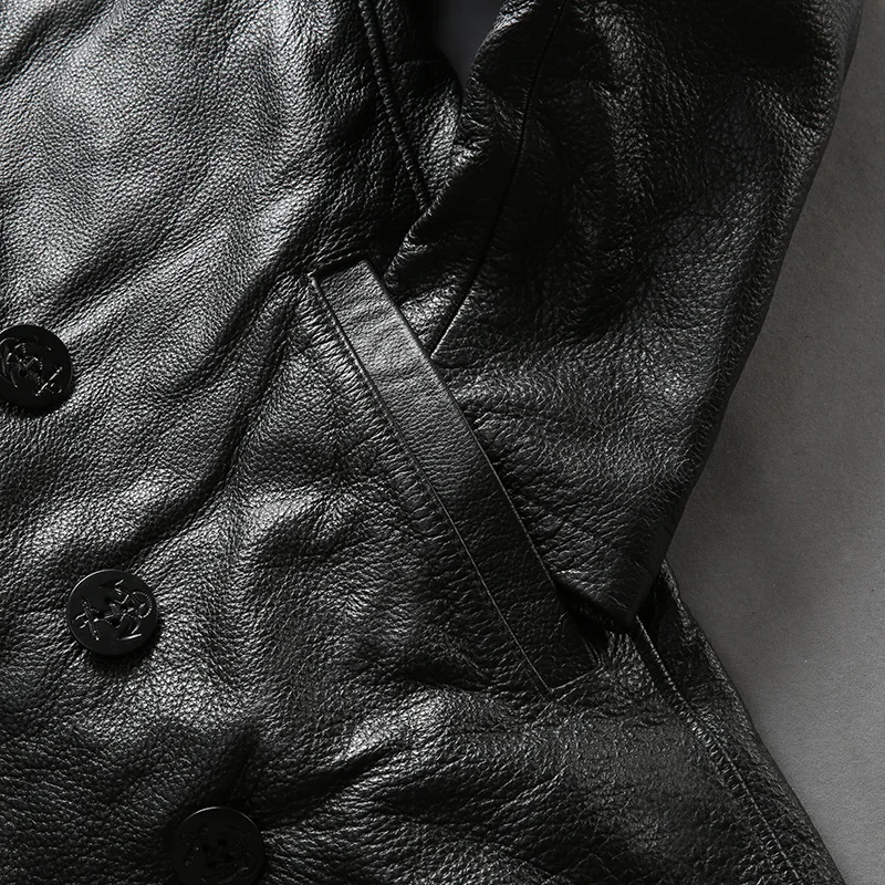 AVIREXFLY 2018 New Men Black Cow skin Genuine Leather Jacket Smart Casual Cowhide Double breasted Jacket Winter Coats
