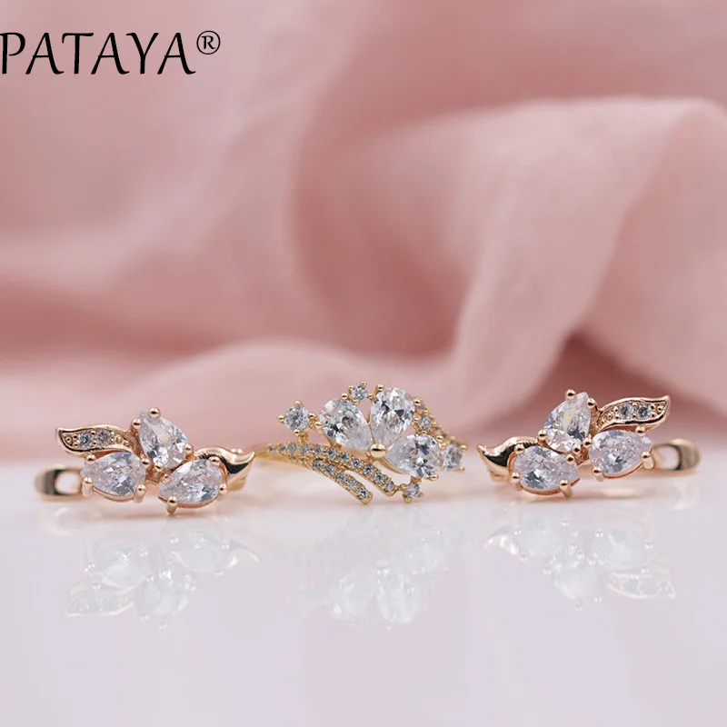 PATAYA New Exclusive 585 Rose Gold Color Water Drop Natural Zirconia Jewelry Women Bohemian Party Butterfly Earrings Rings Sets