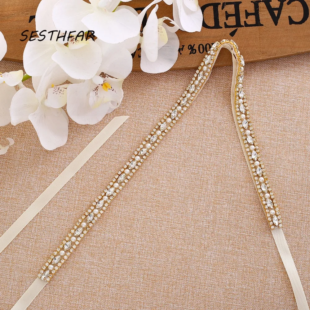 

SESTHFAR Crystal Wedding Belt Gold Pearls Rhinestones Ribbons Bridal Belt Sash For Wedding Dress