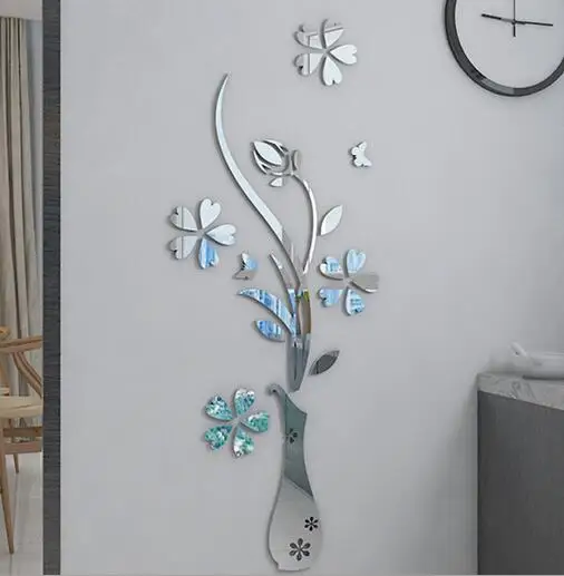 Mirror Flower vase 3d crystal Acrylic wall stickers Entranceway furniture DIY art wall decor stickers Sliver Gold color