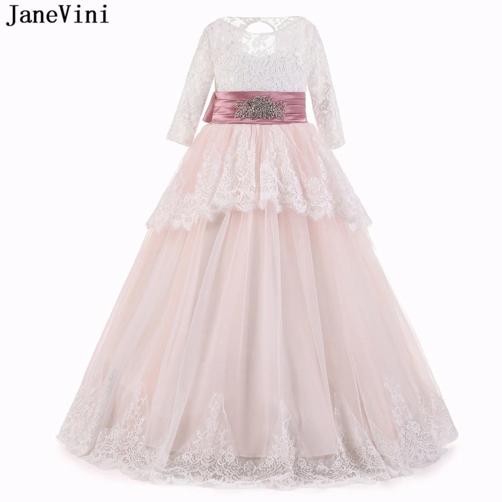 

JaneVini Elegant Lace Pageant Flower Girl Dresses with Sleeves A Line Beaded Sashes Floor Length First Communion Dress for Girls