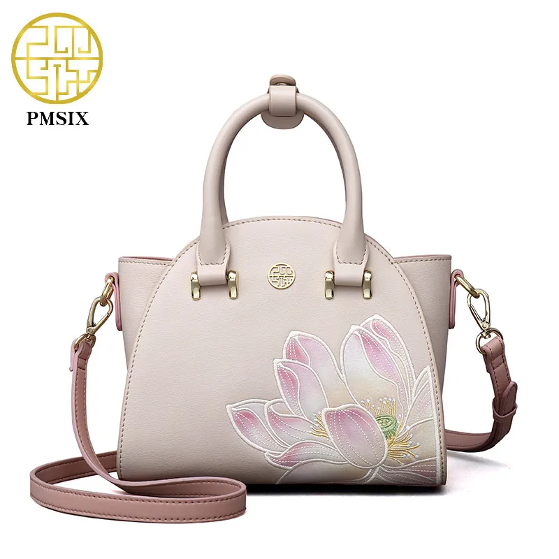 

Pmsix Embroidered Lotus Pattern Cow Leather Woman Handbag High Quality Famous Brand Ladies Shoulder Bag Fashion Crossbody Bags