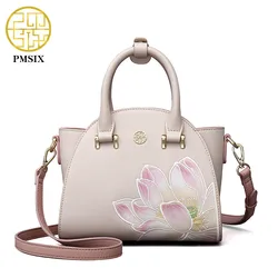 Pmsix Embroidered Lotus Pattern Cow Leather Woman Handbag High Quality Famous Brand Ladies Shoulder Bag Fashion Crossbody Bags