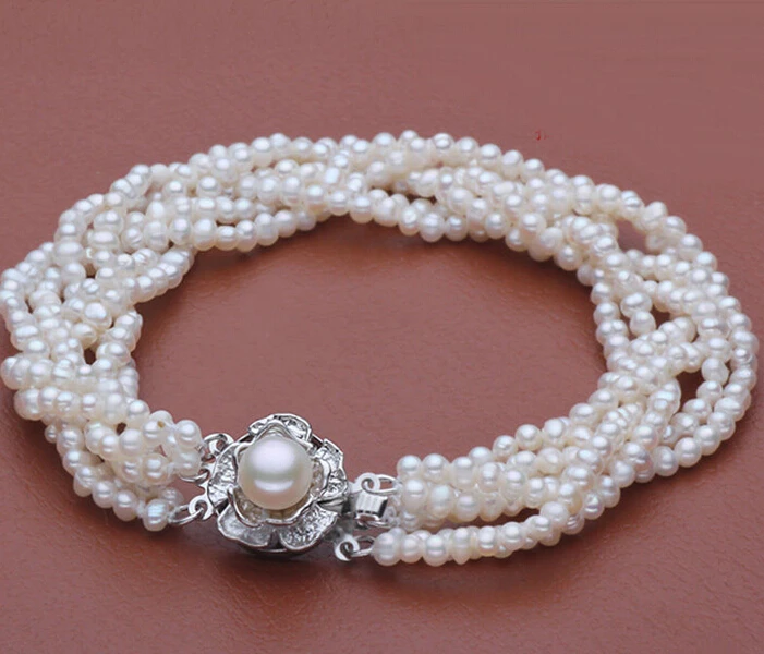 

women Fashion Jewelry huij 001205 fashion new 6 row 3-4mm Genuine White frwshwater Pearl bracelt cz clasp