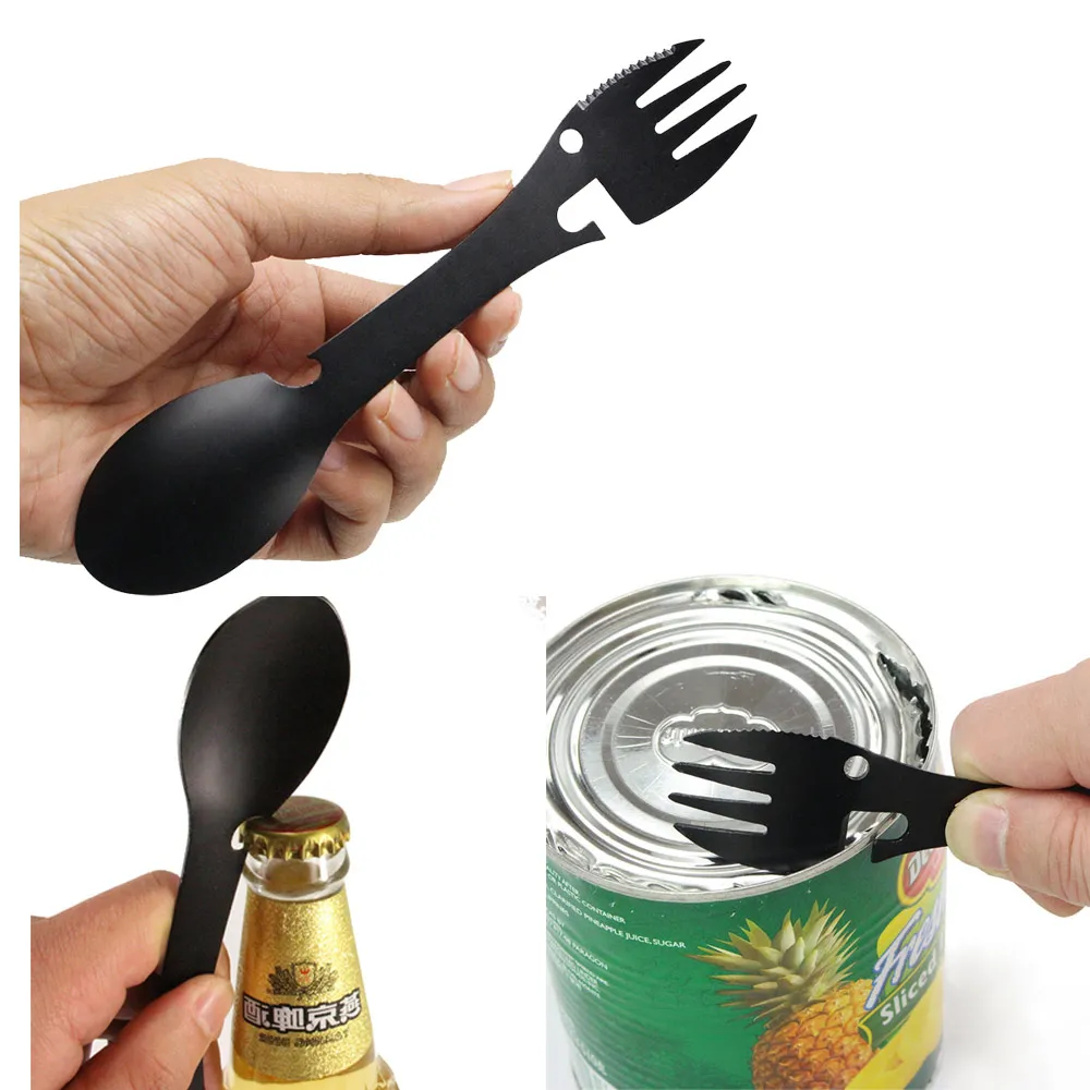 1 PC Portable Multifunction Camping Cookware Spoon Fork Bottle Can Opener Sawtooth Cutter Gadgets Wine beer Keychain Openers