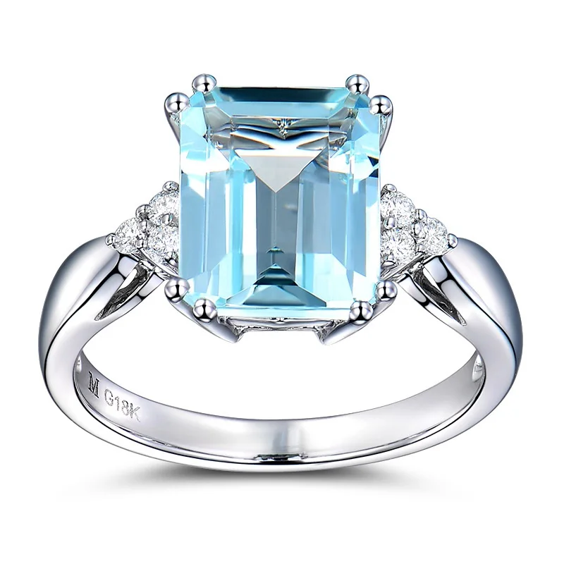 OMHXZJ Wholesale European Fashion Woman Man Party Wedding Gift Rectangle Light Blue Topaz AAA Zircon 18KT White Gold Ring RR605