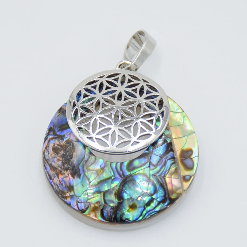 Natural Abalone Shell Flower of Life Necklace Pendant Reiki Amulets Round Hollow Out Circle Pendants for Women Men Charm Jewelry