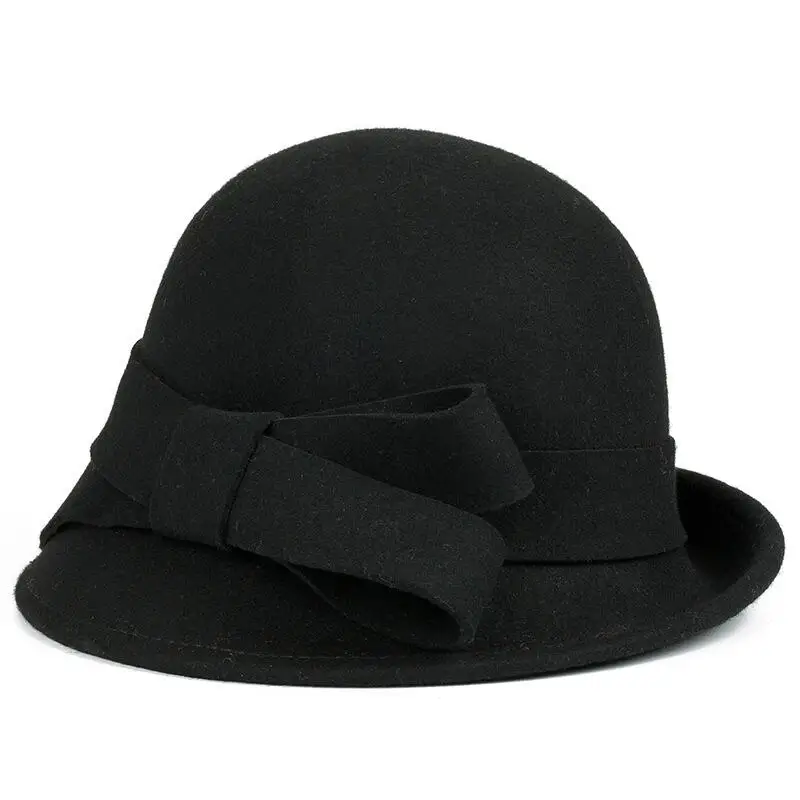 2017 New Winter warmth Fashion Bow Fedora Lady Hat Dome Elegant Ladies Real wool Topper For Women Bowknot Winters Hats For Women