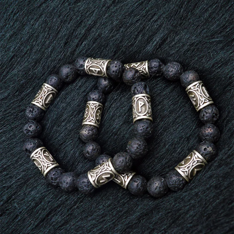 MKENDN 2017 Viking Rune Lava Bead Bracelet Men Explorer Stone Charm Bracelet Jewelry Friendship Gifts