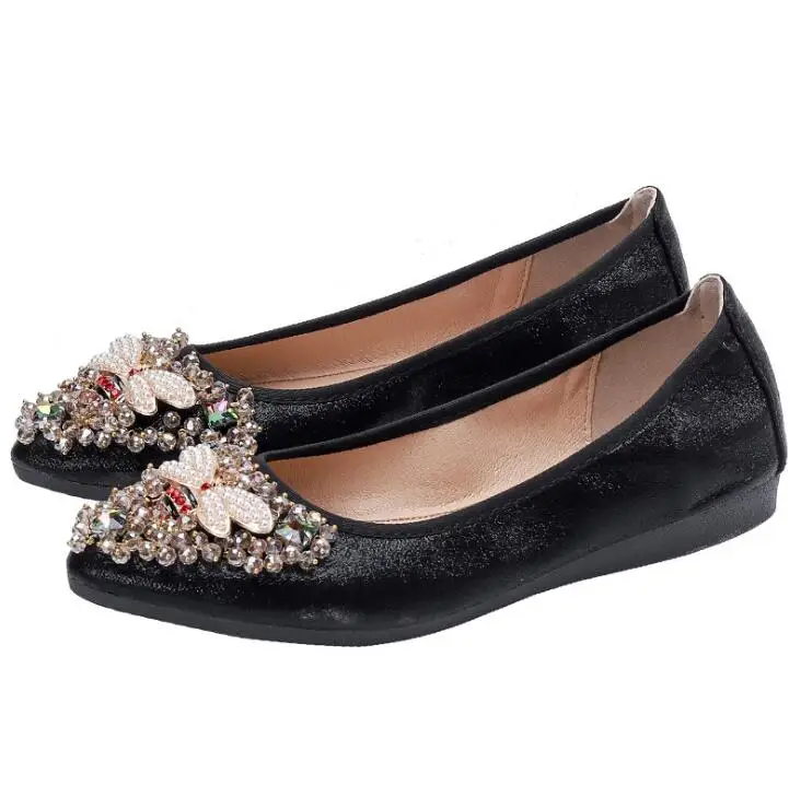 Nieuwe Plus Grote Maat Kleine Bijen Dame Kristal Platte Schoenen Elegante Comfortabele Dame Mode Strass Vrouwen Zachte Balletschoenen A149