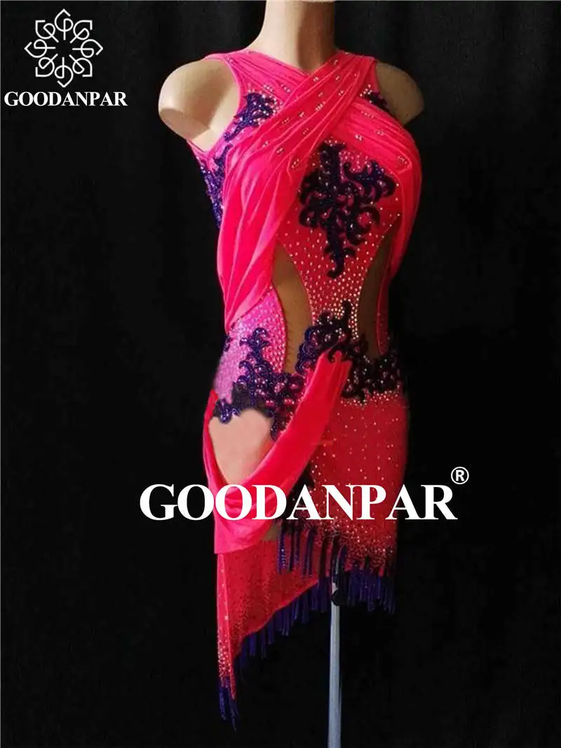 

GOODANPAR Latin Skirt Standard Ladies Sleeveless Latin Dance Dress Delicate Stone Stage Dance Wear Salsa Rumba Costume Customize