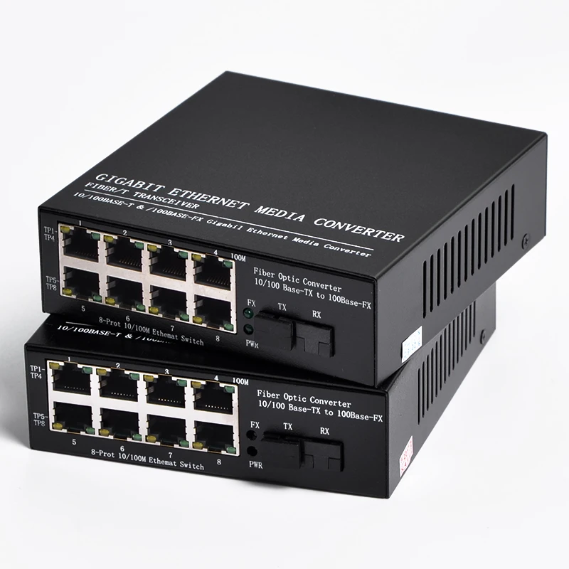 1Pair 1 SC interface and 8 ports RJ45 ethernet swltch converter 10/100M Single Fiber 20KM fiber optic Receiver