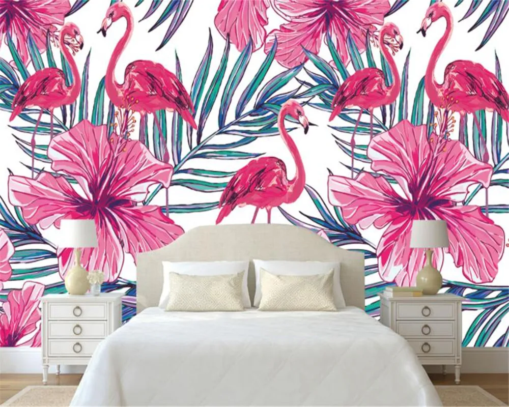 

Modern high quality photo wallpaper hand drawn flamingo palm leaves mural background wall mural 3d wallpapers for wall