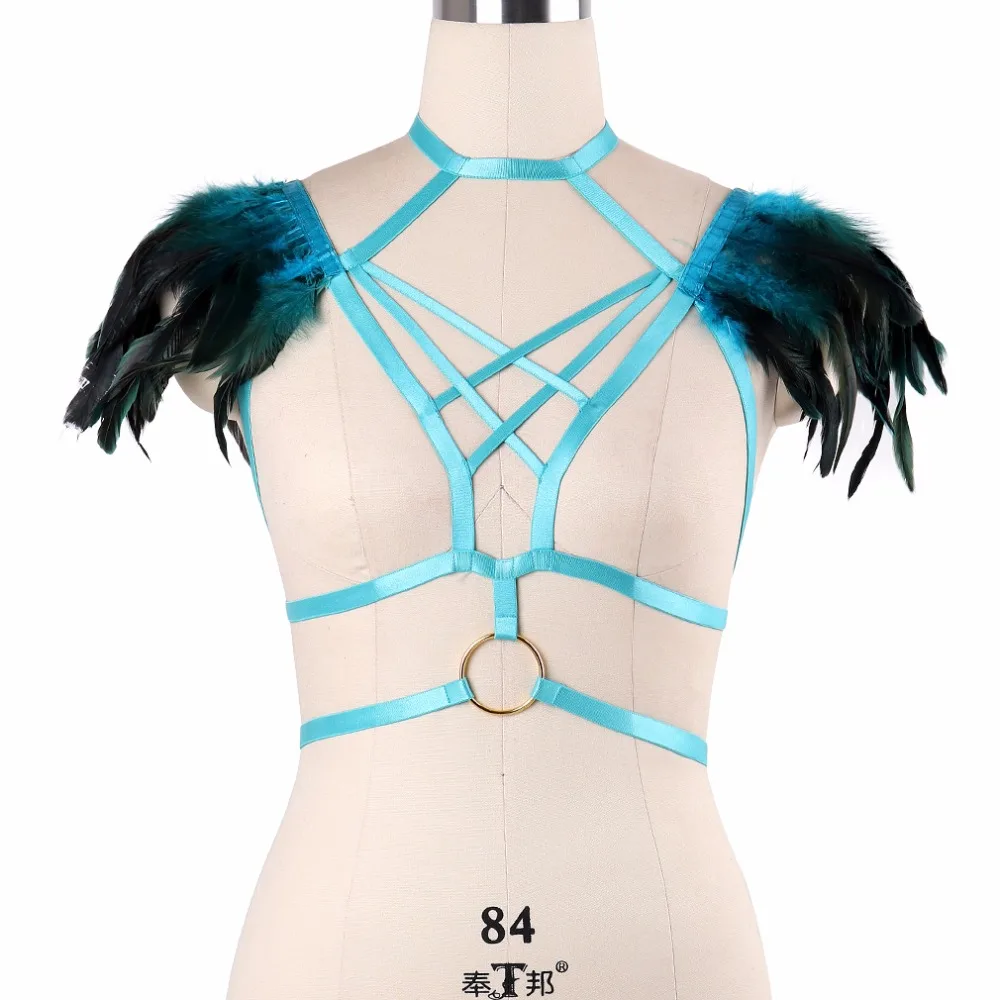 

Fetish Wear Feather Harness Bra Angel Wings Feathers Shoulder Epaulette Bondage Harness Gothic Gypsy Bodysuit Lingerie DO0579