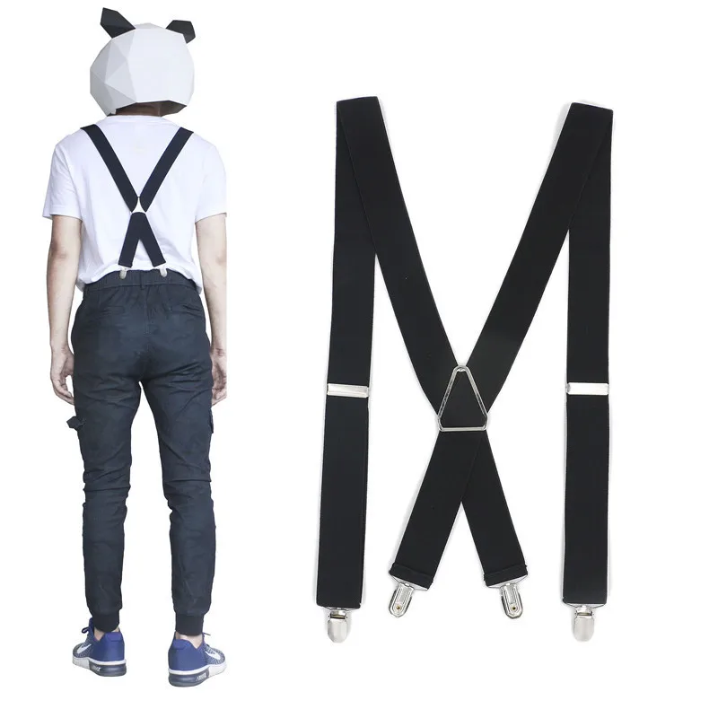 3.5 Width Fashion Men Suspenders Solid Black Double Elastic 4 Clips Adjustable Two-way Metal Cross X Back Women Pants Braces