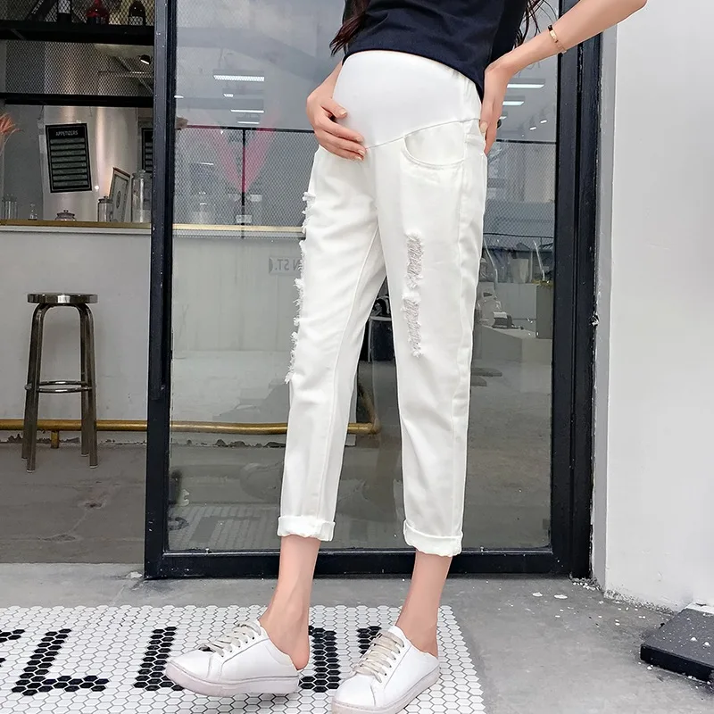 2019 spring and autumn new maternity pants thin section hole nine points loose pregnant women jeans pregnancy pants