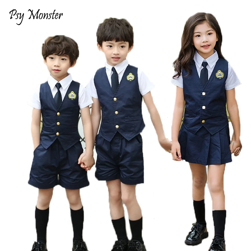 

Japanese Student School Uniforms Set Suit for Girls Boys Waistcoat Vest Shirt Skirt Shorts Tie Performance Formal Clothing Set