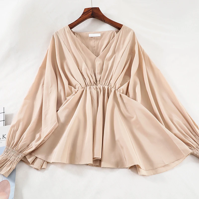 2024 Women Autumn Deep V-Neck Long Batwing Sleeve Basic Pleated Shirt Lady Elastic Slim High Waist Pullover Ruffles Blouse Tops