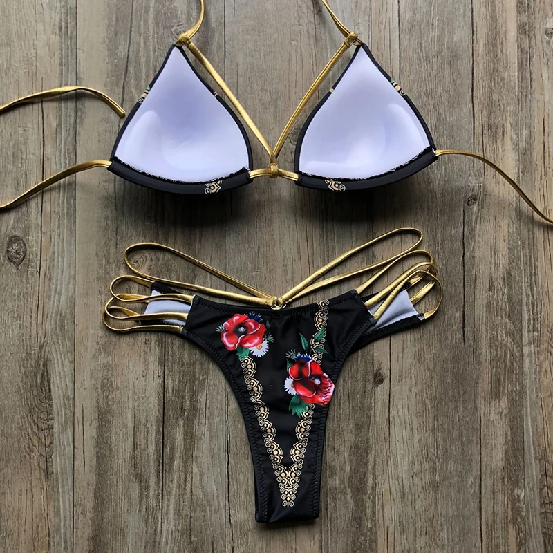 Sexy 2019 New Bikini Set Women Push Up Biquini Swimwear Vintage Floral Printed Swimsuit Padded Female Backless Bathing Suit T01