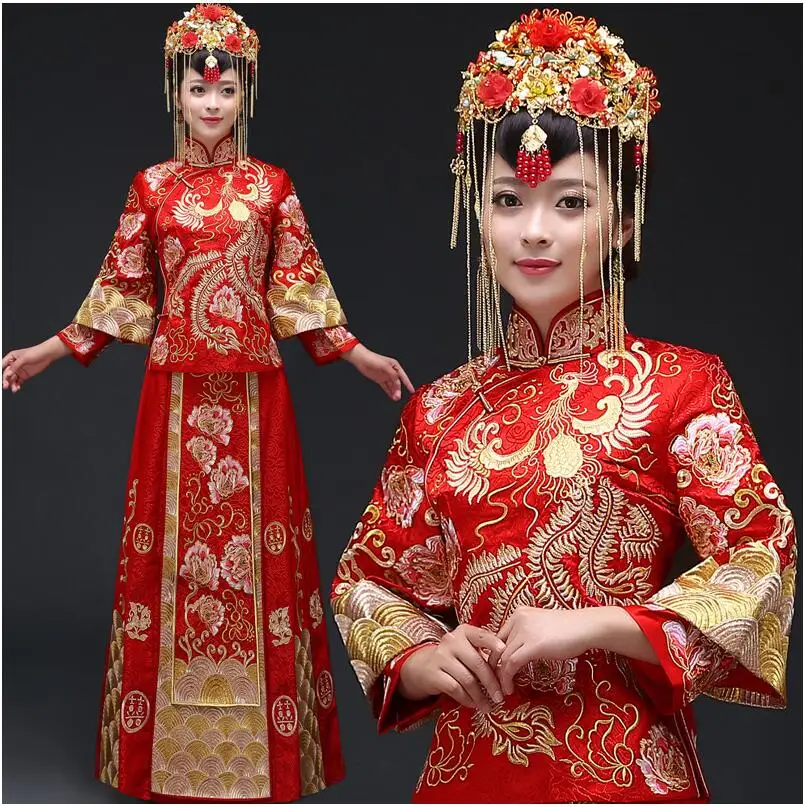 

China Vintage cheongsam red chinese style evening dress show clothing bride Wedding dress dragon gown costume kimono Outfit