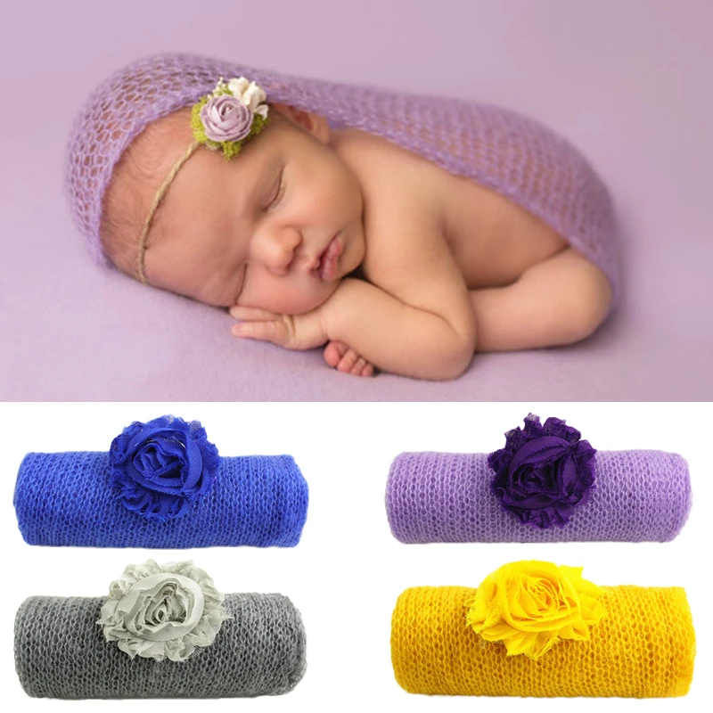 40*120cm Mohair Baby Photography Props Newborn Photograph Wraps With Headband Infant Bebe Handmade Scarf Swaddling Accessories