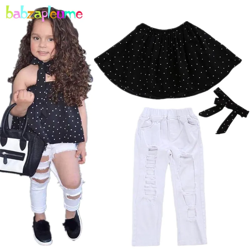 

2017 New Baby Girls Clothes set White Denim Hole Pant Fashion Kids Girls Clothing 3pcs suits Sleeveless Tops Child Costumes A235