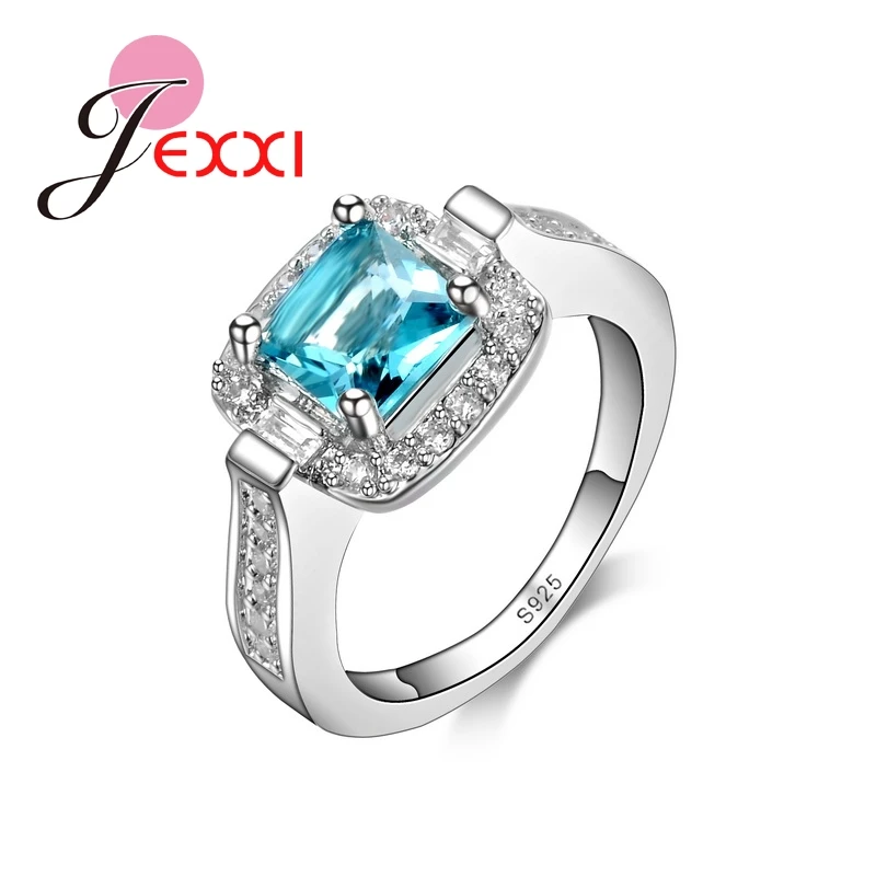 

Luxury Jewelry Ring Fashion Elegant Square Blue Crystal 925 Sterling Silver Wedding Rings For Women Size 6/7/8/9