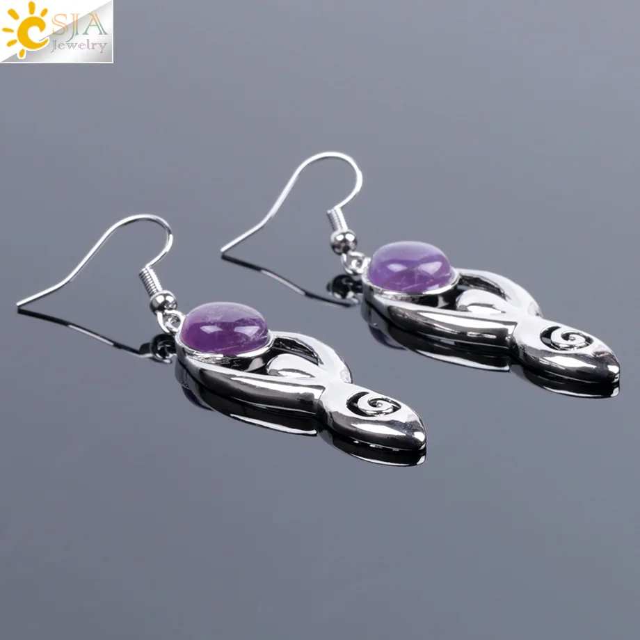 CSJA Natural Stone Earrings Pink Quartz Drop Earring Jewelry Tiger Eye Green Aventurine Black Onyx Crystal Round Bead Girl F061