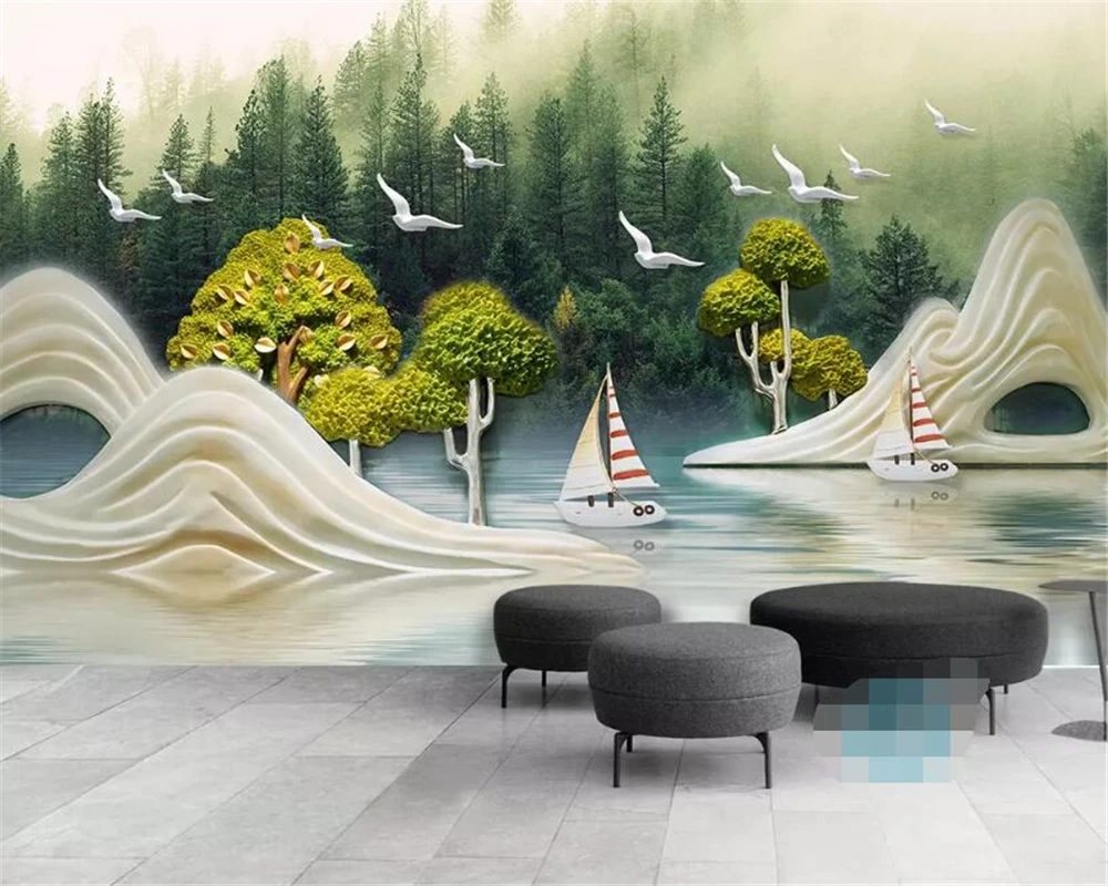 

Custom wallpaper photos 3D relief landscape bird sailboat Forest Mountain background Wall murals Paper home decor 3d wallpaper