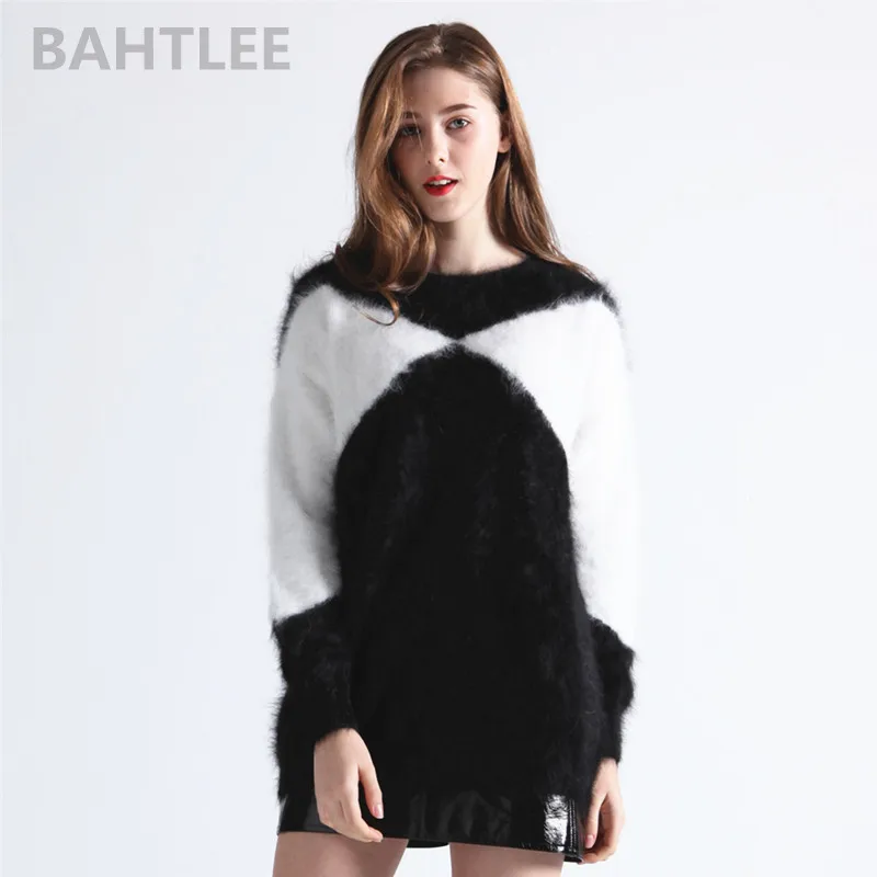 BAHTLEE-Women's Angora Pullovers, Knitted Sweater, Mink Cashmere, O-Neck, Long Sleeves, Keep Warm, Loose Style, Winter