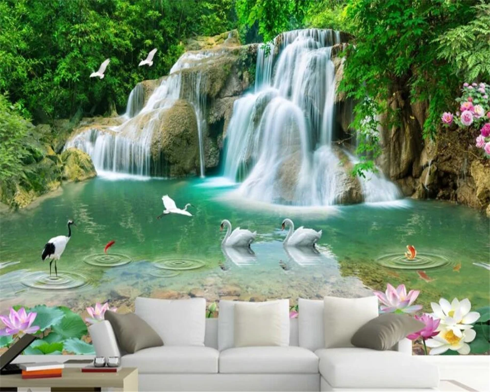 

Custom Wallpaper Natural Mural HD landscape Lotus goldfish waterfall wallpaper Living Room Backdrop 3d wallpaper mural