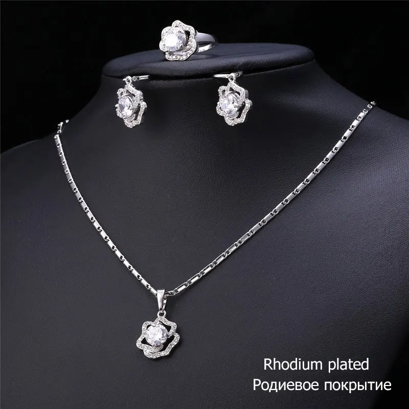 U7 Cubic Zirconia Wedding Jewelry Sets For Women Yellow Gold Color Rose Flower Earrings Ring Necklace Set For Women S727