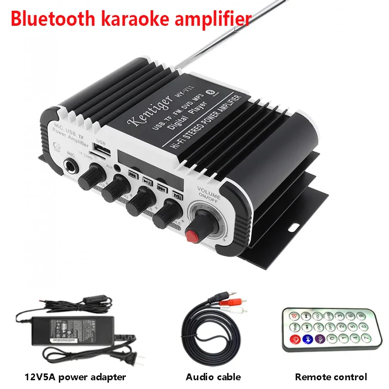 Kentiger HY-V11 With 12V5A Power And AV Cable Bluetooth Amplifier USB TF FM AUX dac 6.5mm Mic Karaoke Speaker Amplificador