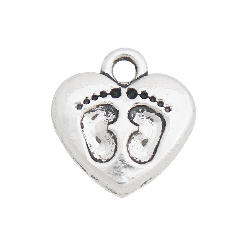 

RAINXTAR Fashion Mother's Day Gifts Single Side Heart Alloy Baby Feet Pattern Pendant Charms 13*14mm 50pcs AAC099