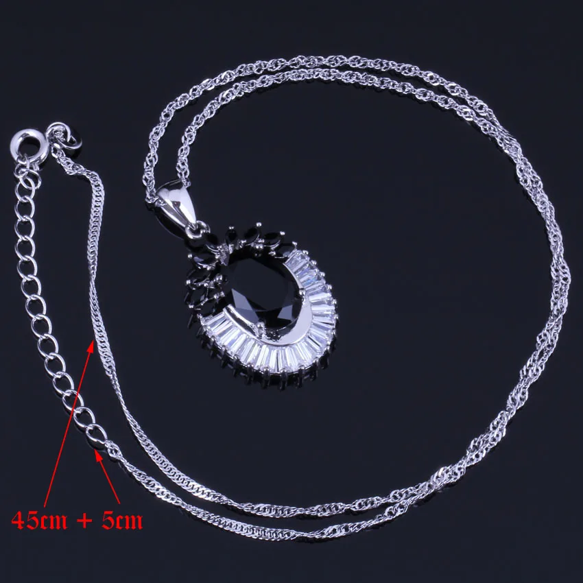 Sublime Flower Black Cubic Zirconia White CZ Silver Plated Jewelry Sets Earrings Pendant Nacklace Chain Ring V1002