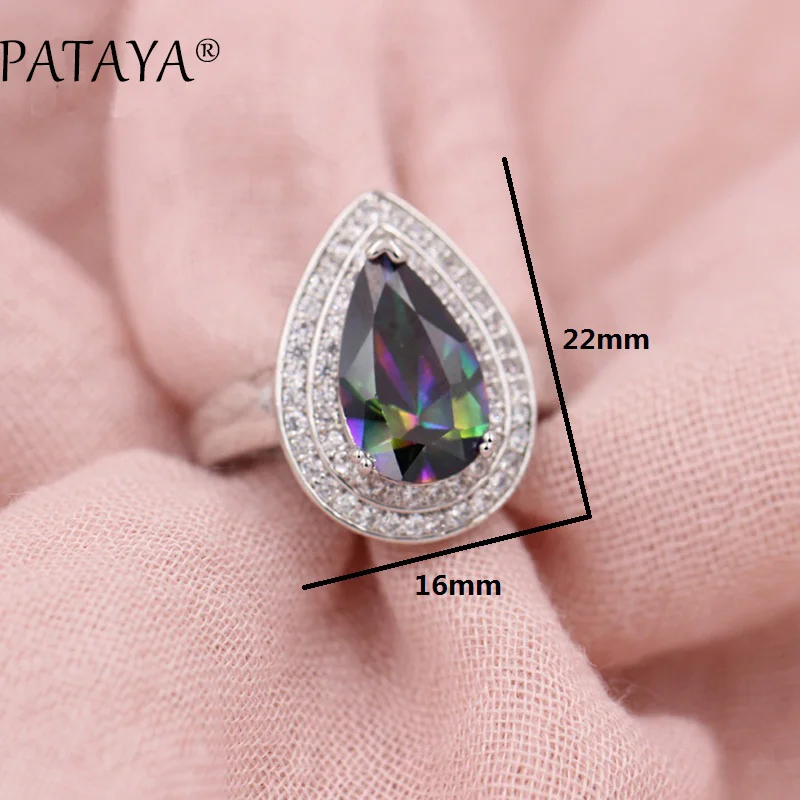 PATAYA True White Gold Color Wedding Jewelry Big Green Water Drop Natural Zircon Earrings Ring Set Women Luxury Trendy Jewelry