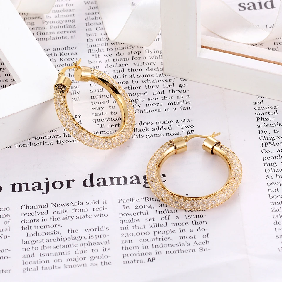 BORASI Gold Color Stainless Steel Shiny Crystal Earrings Fashion Circle Round Crystal Big Dangle Earrings Engagement For Women