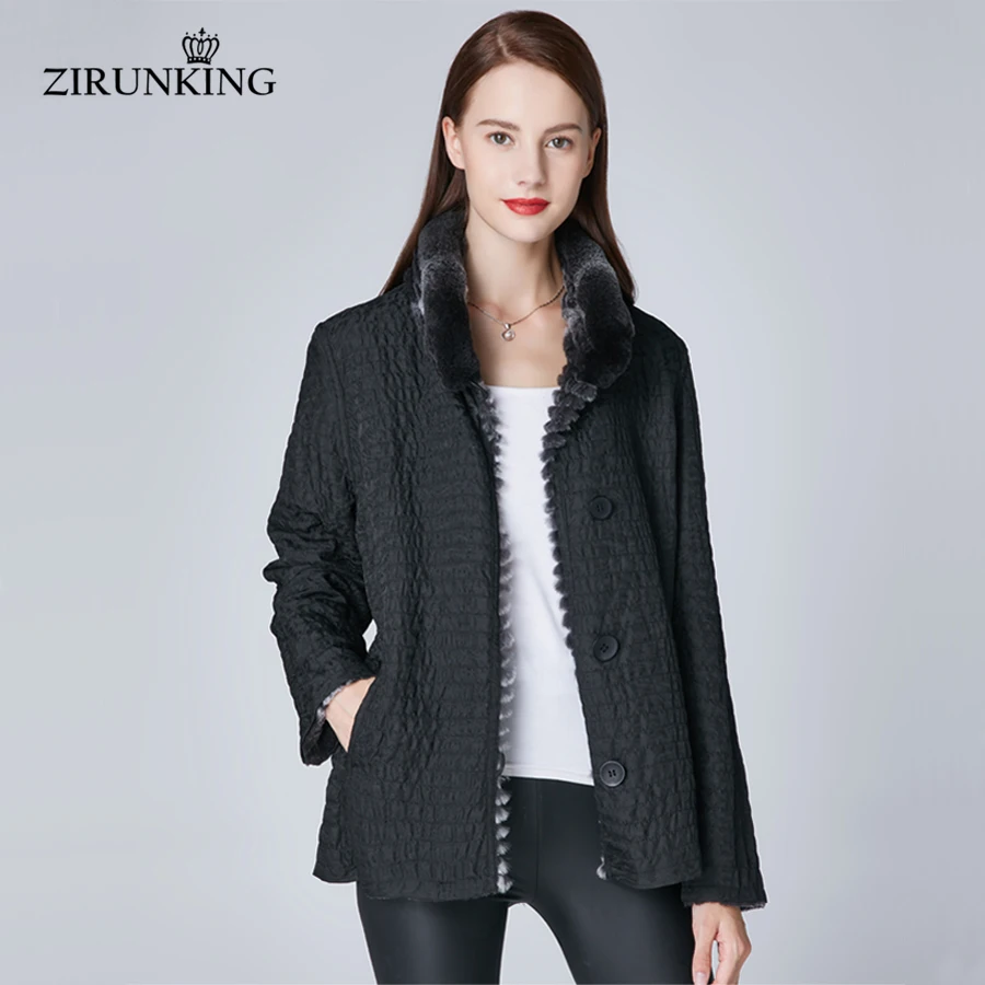 ZIRUNKING Female Real Rex Rabbit Fur Black Jacket Woman Reversible Fur Coat Parka Natural Rex Rabbit Fur Collar Outerwear ZC1864