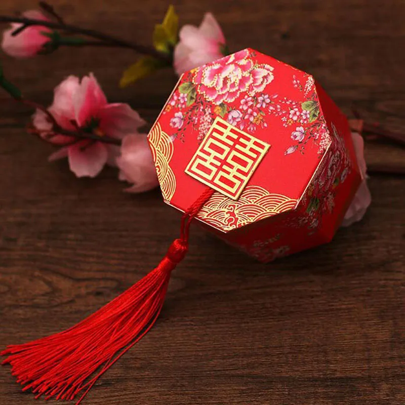 200pcs/lot Double Happiness Vintage Chinese Style Paper Unique Sweetbox Wedding Favors Gifts Holders Sugar Candy Box ZA4005