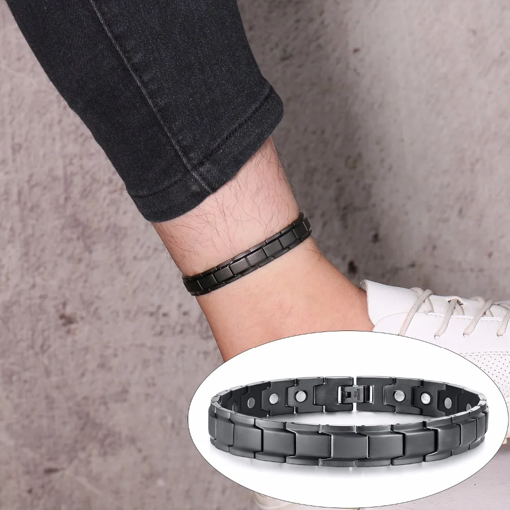 Vinterly Health Energy Anklet Balance Magnetic for Men Punk Black Stainless Steel Bracelet Chain Link Arthritis Pain Relief