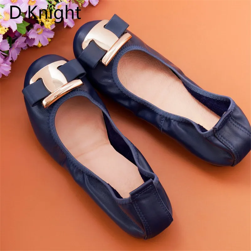 2022 New Women Flat Loafers Shoes Slip-on Bow Metal Decoration Casual Ballet Flat Genuine Leather Women Ballerina Shoes Big Size