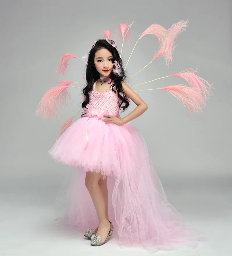 POSH DREAM Pink Girls Princess Evening Party Dresses with Train Tulle Light Pink Fairy Fashion Girls Birthday Wedding Tutu Dress