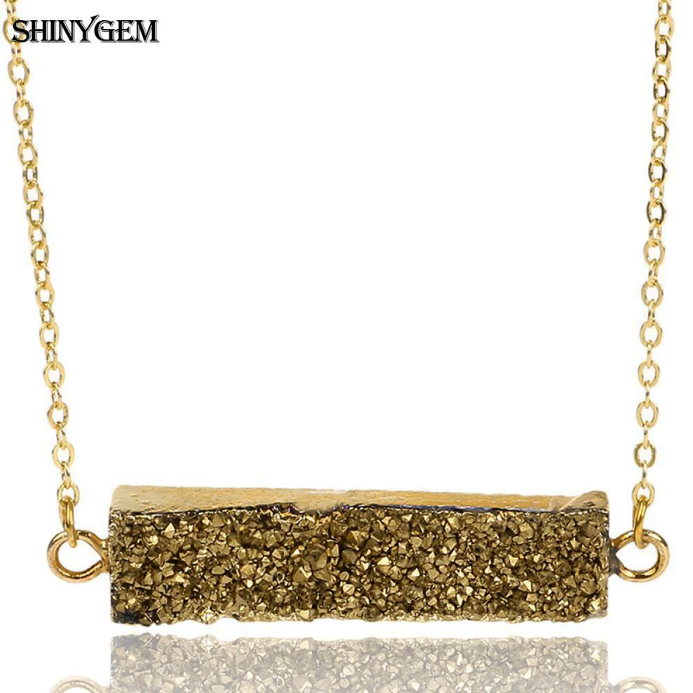 ShinyGem 10*40 مللي متر Druzy حجر اليدوية المعدنية كريستال مستطيلة قلادة الذهب سلسلة الأحجار الكريمة الطبيعية مجوهرات للنساء #1