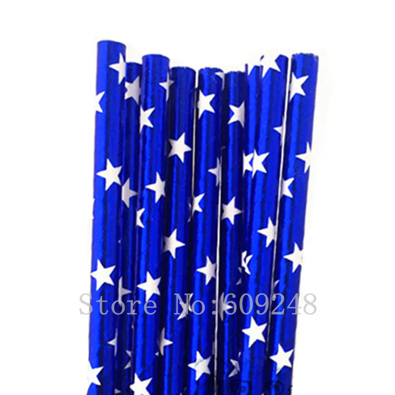 100 Pcs Deep Blue Foil Star Paper Straws,Picnic Sleepover BBQ Patriotic July 4th Christmas Hanukkah Party,Mason Jar Straws Bulk